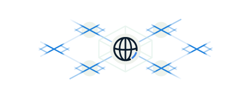a navy globe icon in the center and blue lines around it on white and neutral background